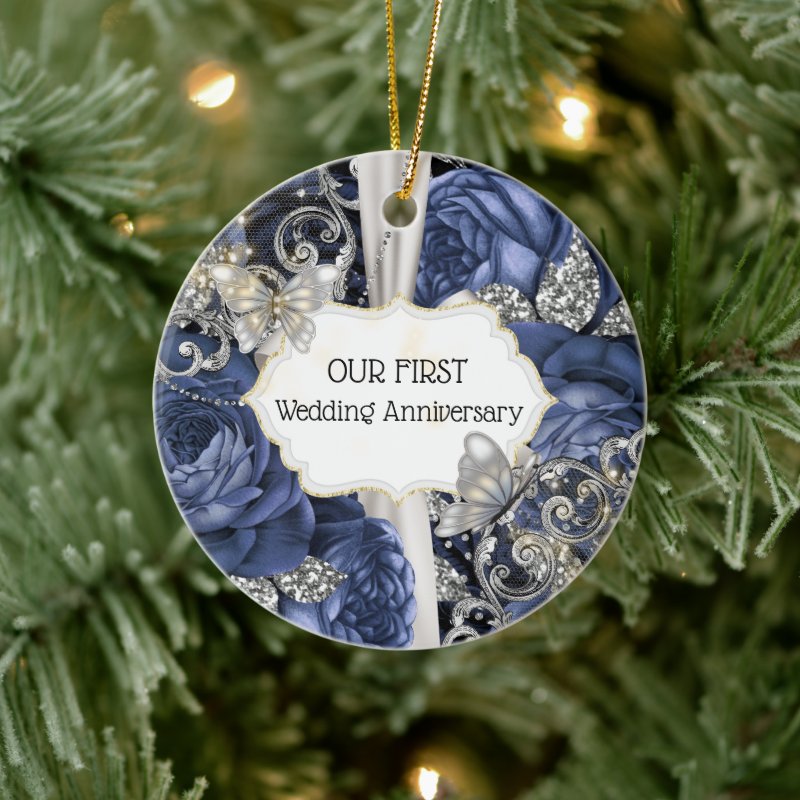 Navy Silver Rose Butterfly Photo Anniversary Ceramic Ornament