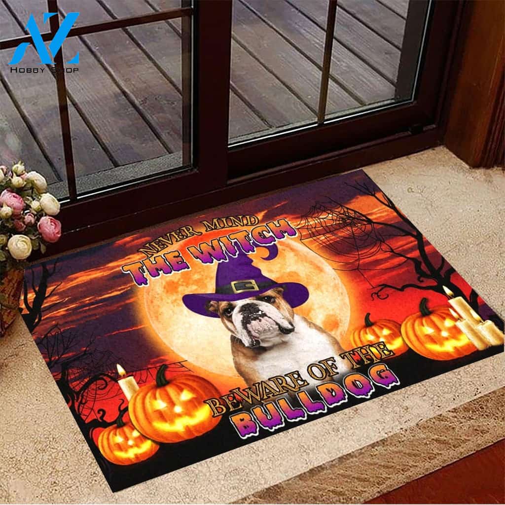 Never Mind The Witch Beware Of The Bulldog Doormat Welcome Mat Housewarming Gift Home Decor Funny Doormat Gift For Dog Lovers Gift For Halloween