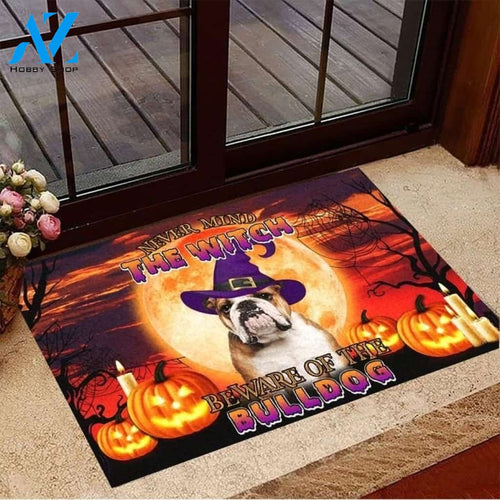 Never Mind The Witch Beware Of The Bulldog Doormat Pumpkin Doormat Halloween Gift For Friend Family Home Decor Warm House Gift Welcome Mat Halloween Decor