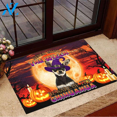 Never Mind The Witch Beware Of The Chihuahua Doormat Welcome Mat Housewarming Gift Home Decor Funny Doormat Gift For Dog Lovers Gift For Halloween
