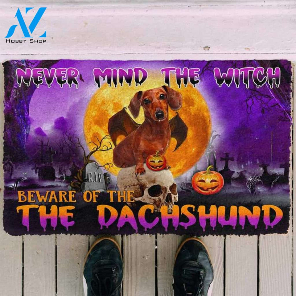 Never Mind The Witch Beware Of The Dachshund Halloween Funny Doormat Gift For Dog Lovers Home Decor Warm House Gift Welcome Mat