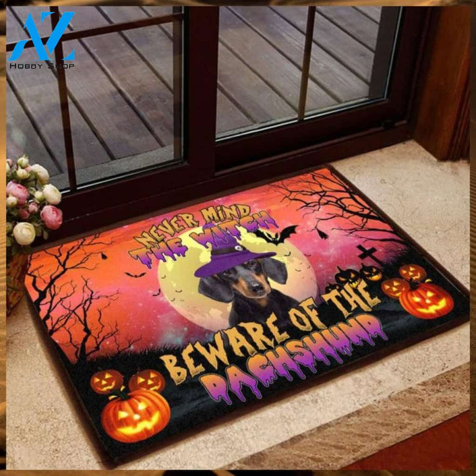 Never Mind The Witch Beware Of The Dachshund Happy Halloween Doormat Welcome Mat Housewarming Gift Home Decor Funny Doormat Gift For Dog Lovers