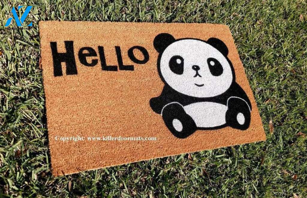New! Hello Panda Cute Custom Hand Painted Welcome Door Mat By Killer Doormats