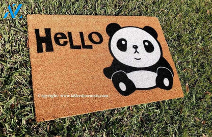 New! Hello Panda Cute Custom Hand Painted Welcome Door Mat By Killer Doormats