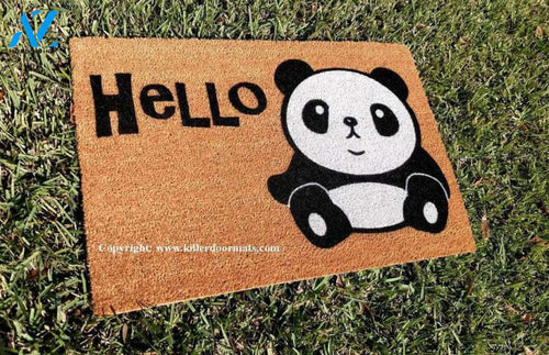New! Hello Panda Cute Custom Hand Painted Welcome Door Mat By Killer Doormats