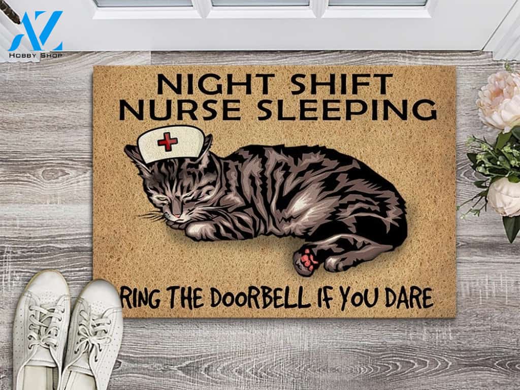 Night Shift Nurse Sleeping Indoor And Outdoor Doormat Warm House Gift Welcome Mat Gift For Cat Lovers Gift For Friend Birthday Gift