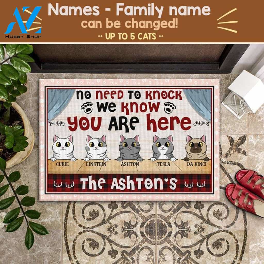 No Need To Knock We Know You Are Here Doormat, Personalized Cats & Family Name Doormat, Cute Cat Doormat, Custom Cat Doormat, Cat Lover Gift