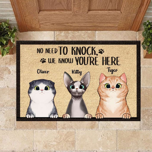 No Need To Knock We Know Youre Here Peeking Cat - Funny Personalized Doormat Door