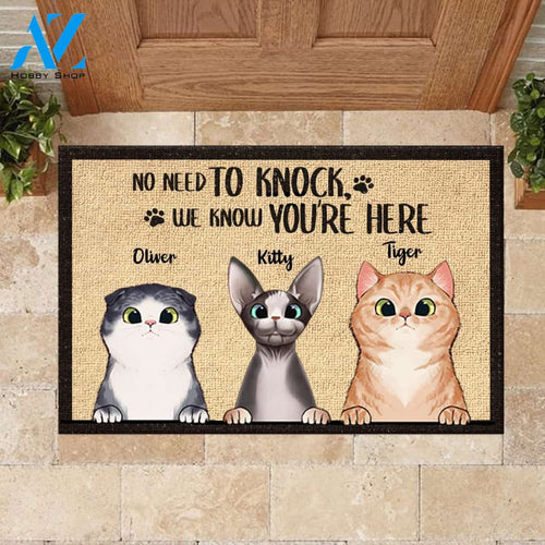 No Need To Knock We Know You're Here Peeking Cat - Funny Personalized Cat Doormat | Welcome Mat | House Warming Gift
