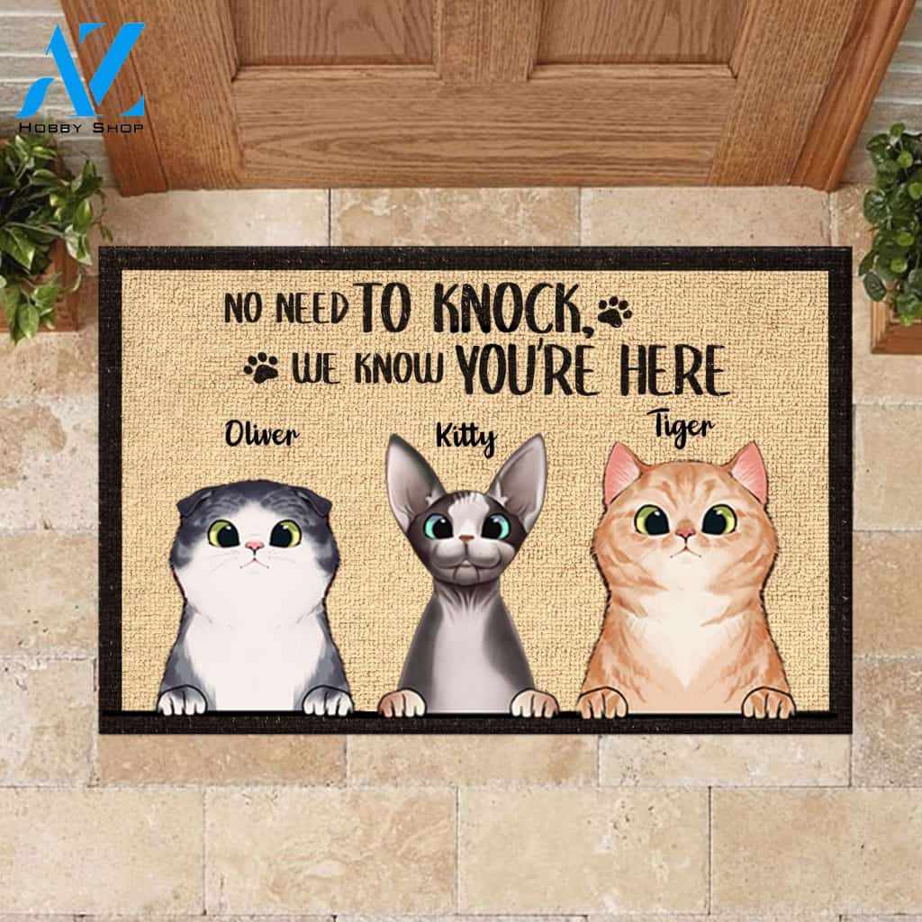No Need To Knock We Know You're Here Peeking Cat - Funny Personalized Cat Doormat | WELCOME MAT | HOUSE WARMING GIFT