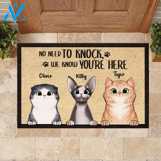 No Need To Knock We Know You're Here Peeking Cat - Funny Personalized Cat Doormat | WELCOME MAT | HOUSE WARMING GIFT