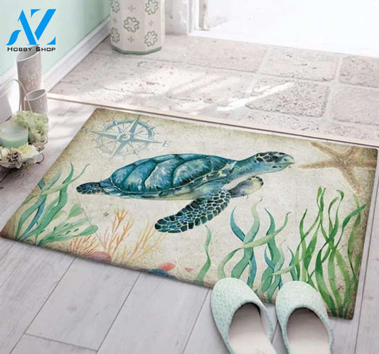Non-slip Indoor Doormat Absorbent Soft Plush Shaggy Bath Mats,Sea Turtle Underwater Starfish World Vintage Pattern Welcome Floor Rugs