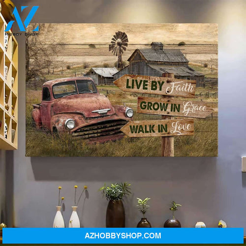 Old car on farm - Live by faith, grow in grace , walk in love - Jesus landscape Canvas Prints - Wall Art