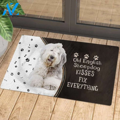 Old English Sheepdog 2 Doormat, Kisses Fix Everything Doormat, Dog Welcome Mat, Funny Welcome Mats for Dogs Lovers