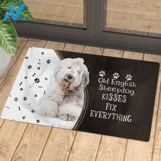 Old English Sheepdog 2 Doormat, Kisses Fix Everything Doormat, Dog Welcome Mat, Funny Welcome Mats for Dogs Lovers