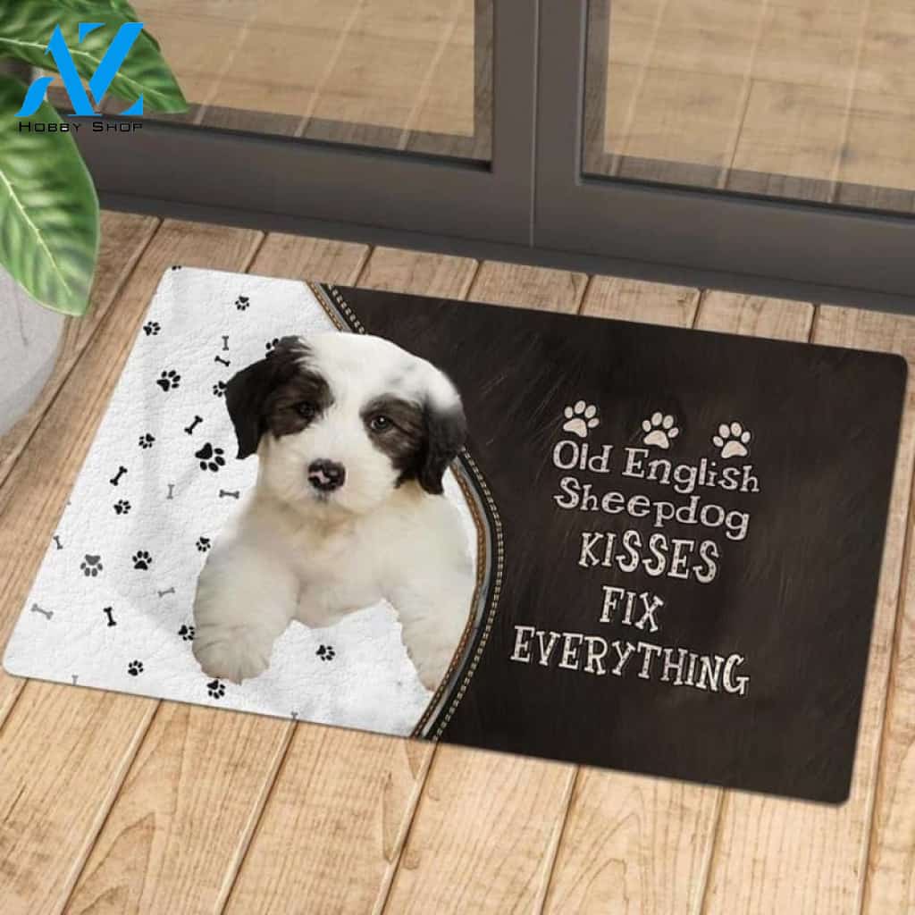 Old English Sheepdog Doormat, Kisses Fix Everything Doormat, Dog Welcome Mat, Funny Welcome Mats for Dogs Lovers