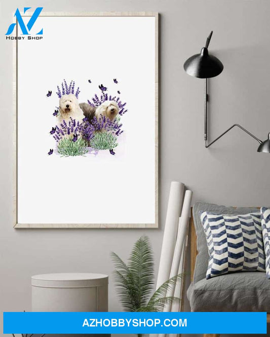 Old English Sheepdog With Lavender flower poster