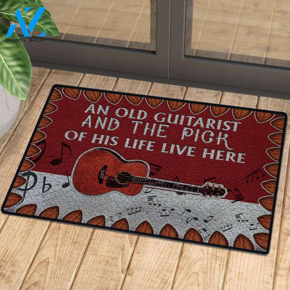OLD GUITARIST AND THE PICK OF HIS LIFE LIVE HERE MAT | Welcome Mat | House Warming Gift