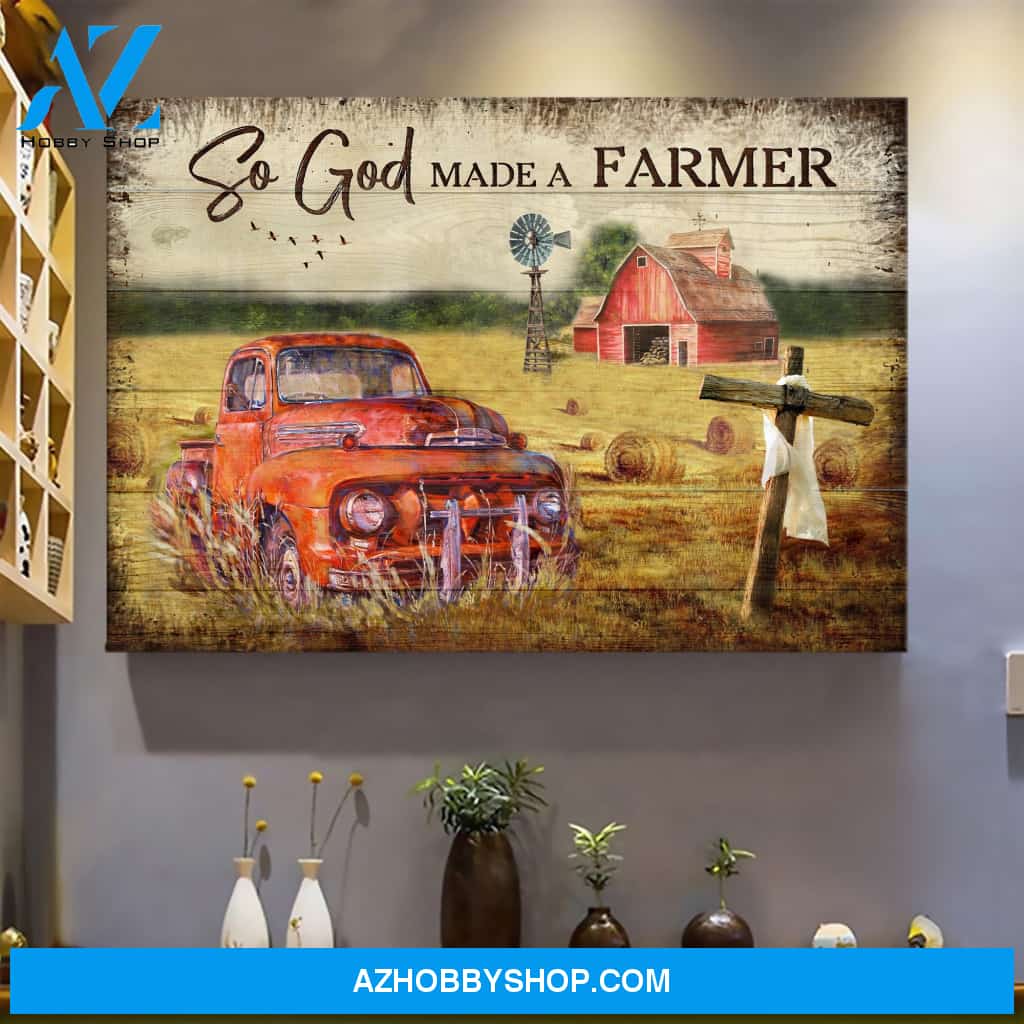 Old red car and cross - So God made a farmer - Jesus Landscape Canvas Prints - Wall Art