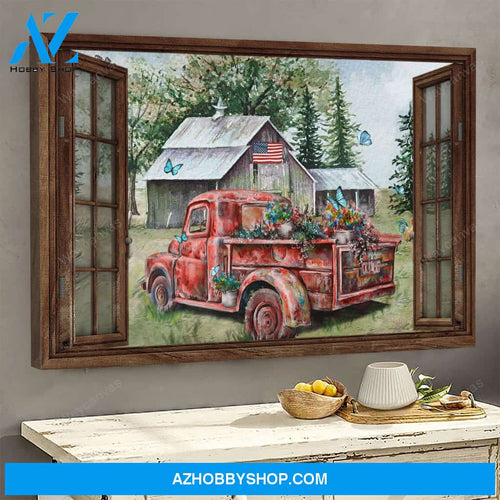 Old red truck on peaceful farm - Farm Landscape Canvas Prints - Wall Art