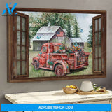 Old red truck on peaceful farm - Farm Landscape Canvas Prints - Wall Art
