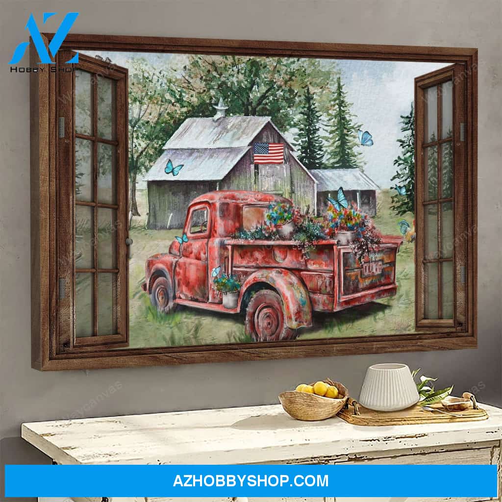 Old red truck on peaceful farm - Farm Landscape Canvas Prints - Wall Art