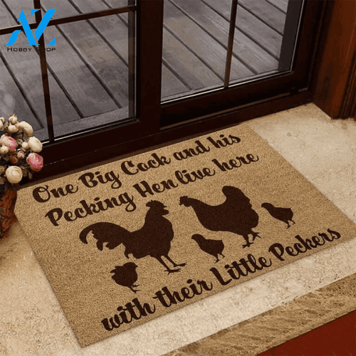 One Big Cock And His Pecking Hen Live Here Chicken Coir Pattern Print Doormat | Welcome Mat | House Warming Gift