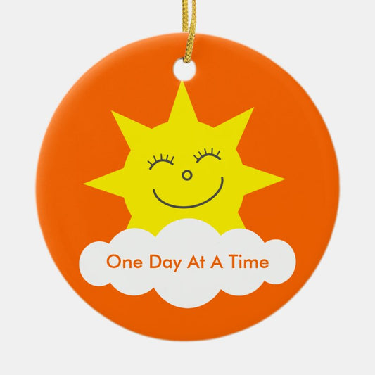 One Day At A Time Sobriety Date Cartoon Sun Ceramic Ornament