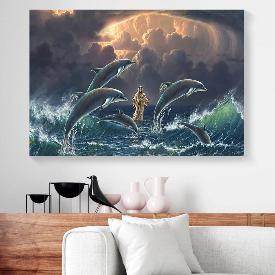 Jesus And Dolphins Vertical Matte Canvas And Poster,Canvas Prints,Wall Decor Visual Art