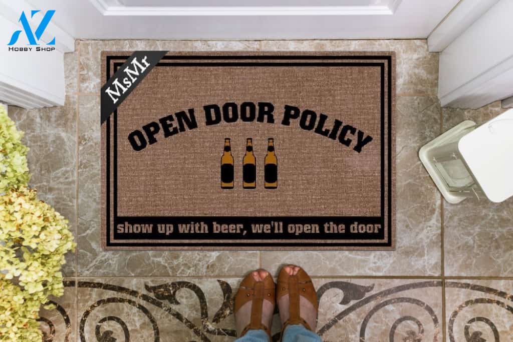 Open Door Policy Show Up With Beer We'll Open The Door Doormat Welcome Mat Housewarming Gift Home Decor Funny Doormat Best Gift Idea For Beer Lovers