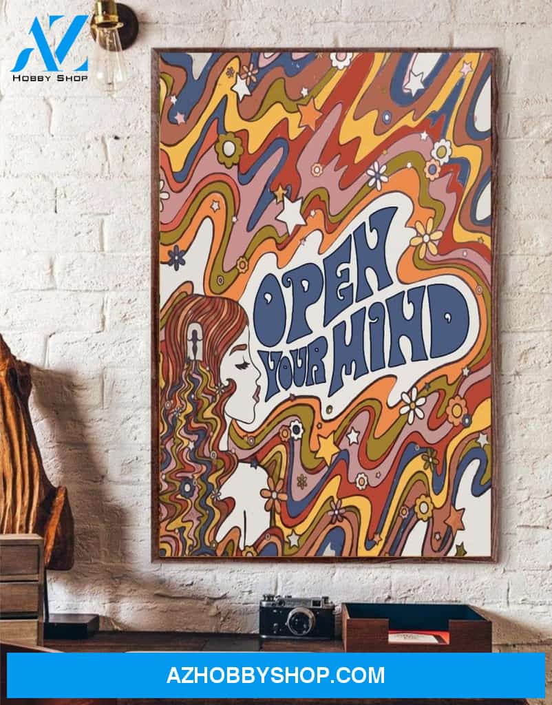 Open your mind poster, Hippie poster, Hippie girl poster, Positive poster