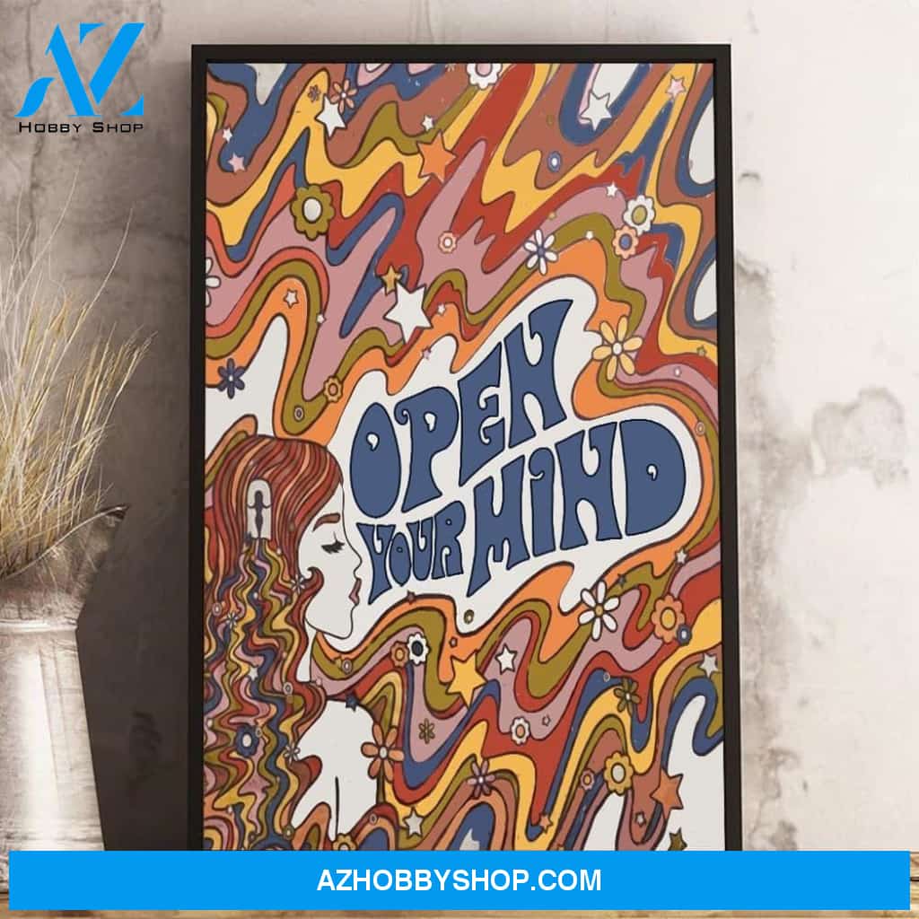 Open your mind poster, Hippie poster, Hippie girl poster, Positive poster