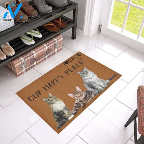 Our Happy Place Doormat Welcome Mat House Warming Gift Home Decor Gift for Cat Lovers Funny Doormat Gift Idea