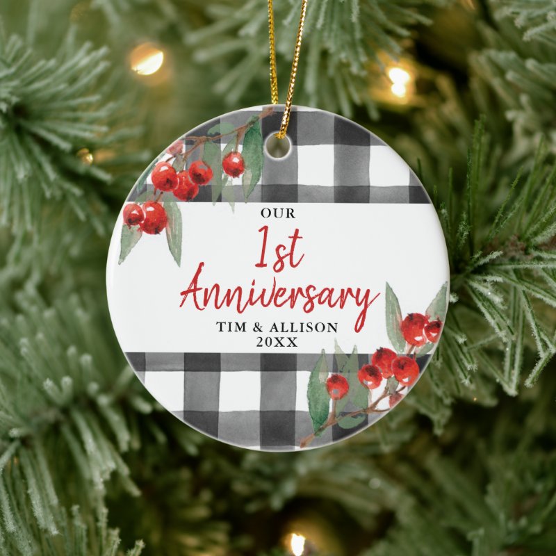 Our 1St Anniversary Personalized Buffalo Plaid Ceramic Ornament