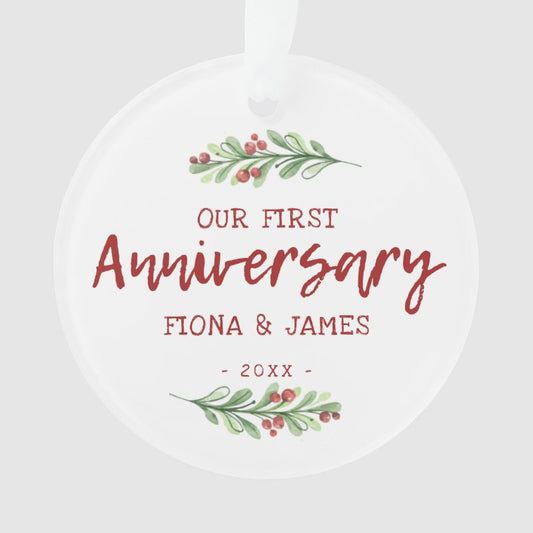 Our First Anniversary Brush Script Greenery Ornament
