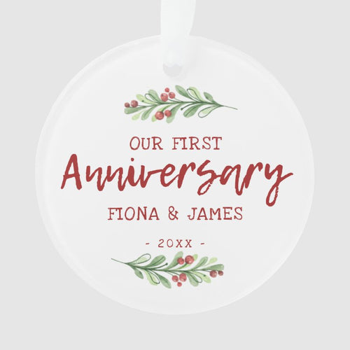 Our First Anniversary Brush Script Greenery Ornament