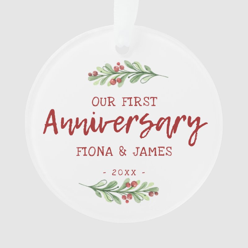 Our First Anniversary Brush Script Greenery Ornament