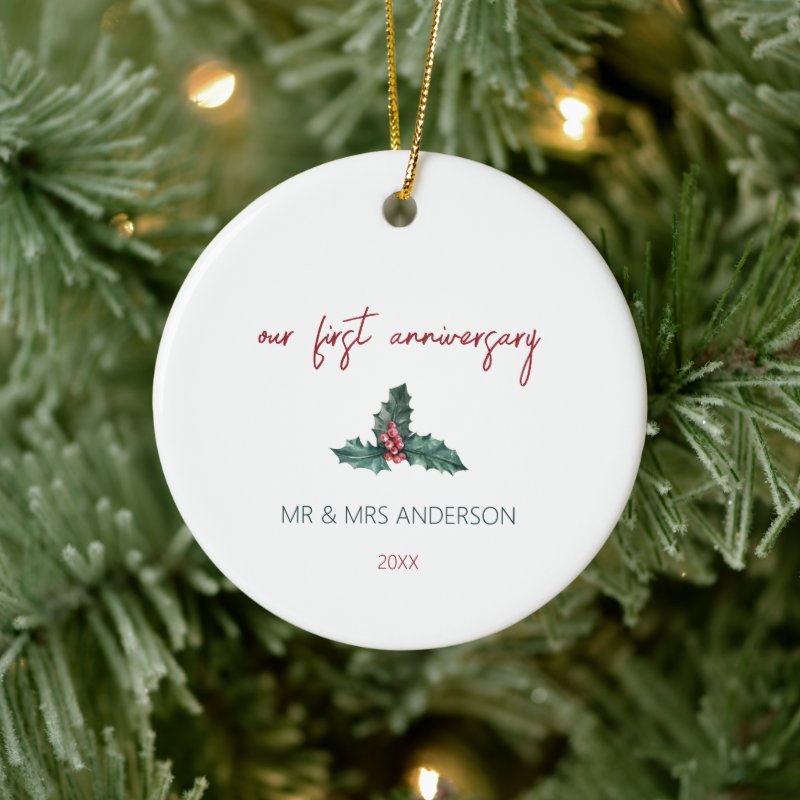 Our First Anniversary Mistletoe Christmas Ceramic Ornament