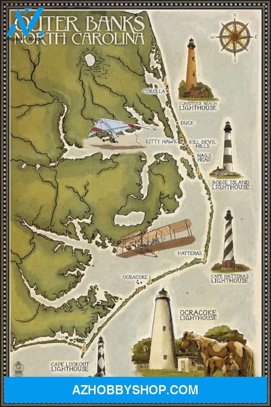 Outer Banks North Carolina - Lighthouse And Town Map