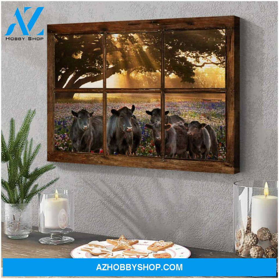 Angus Cows Outside Window Canvas Wall Art, Wall Decor Visual Art - Gifts For Cow Lovers