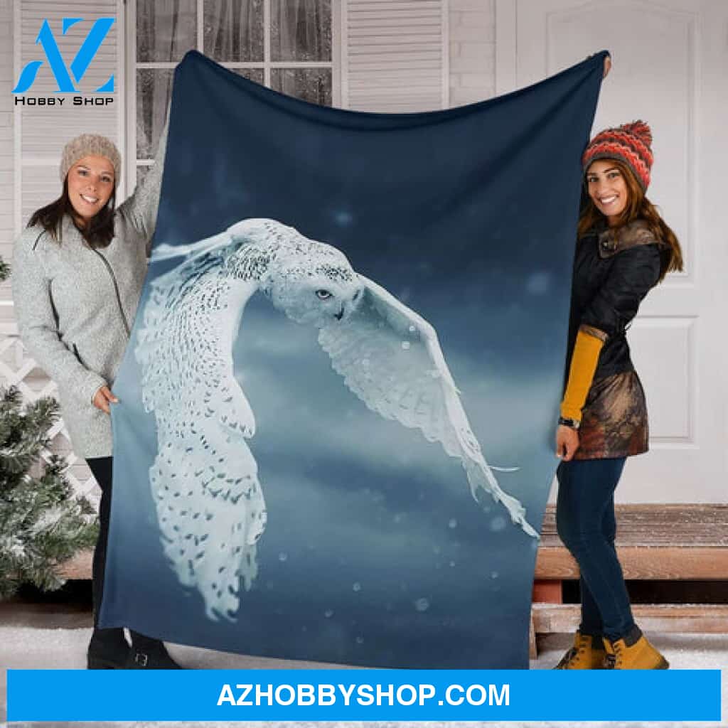 Owl Blanket, Snow Owl Flying, Premium Fleece Blanket