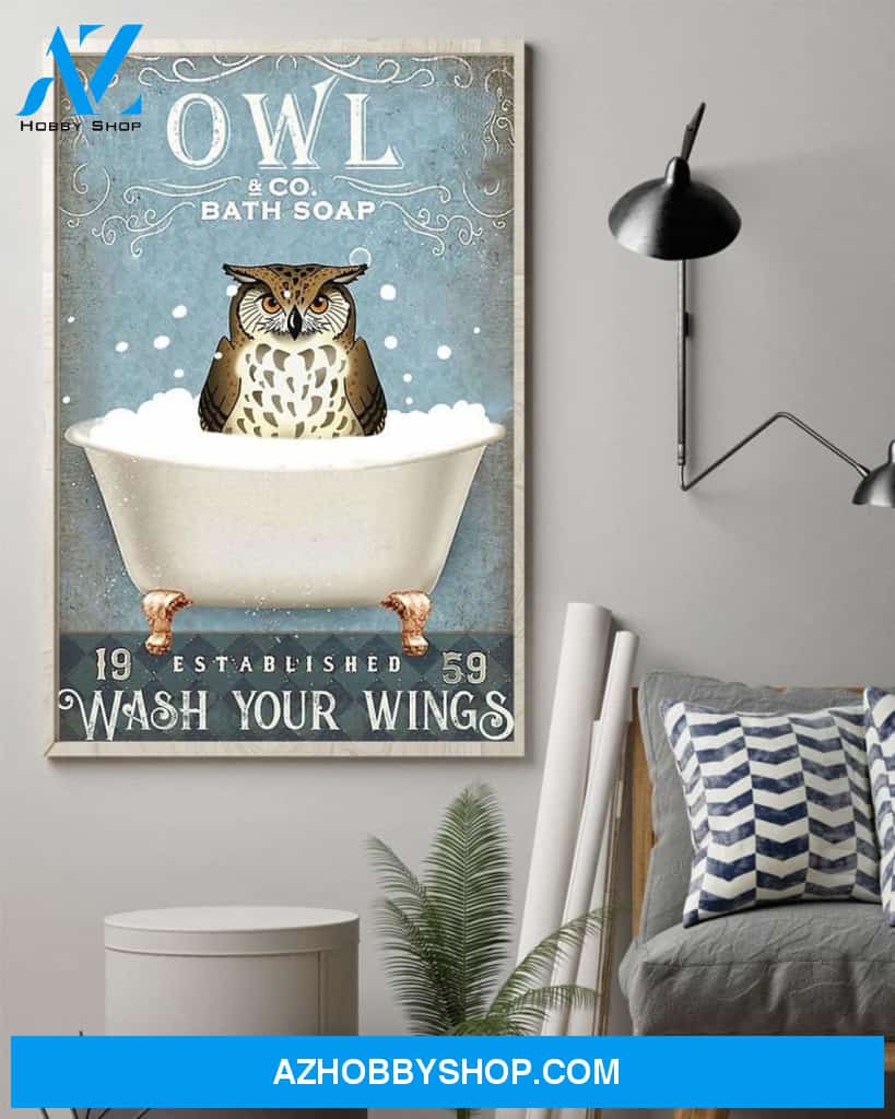 Owl &Co. Bath Soap Wash Your Wings Canvas And Poster, Wall Decor Visual Art, Funny Owl Wall Art Print, Funny Owl Sign For Bathroom Decor