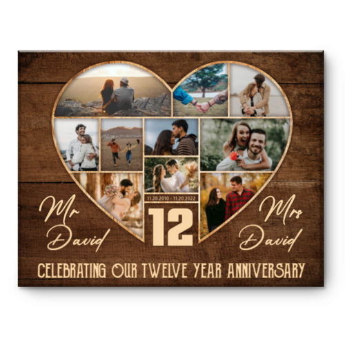 12th Wedding Anniversary Present, Gift For 12th Anniversary, Heart Shape Photo Collage