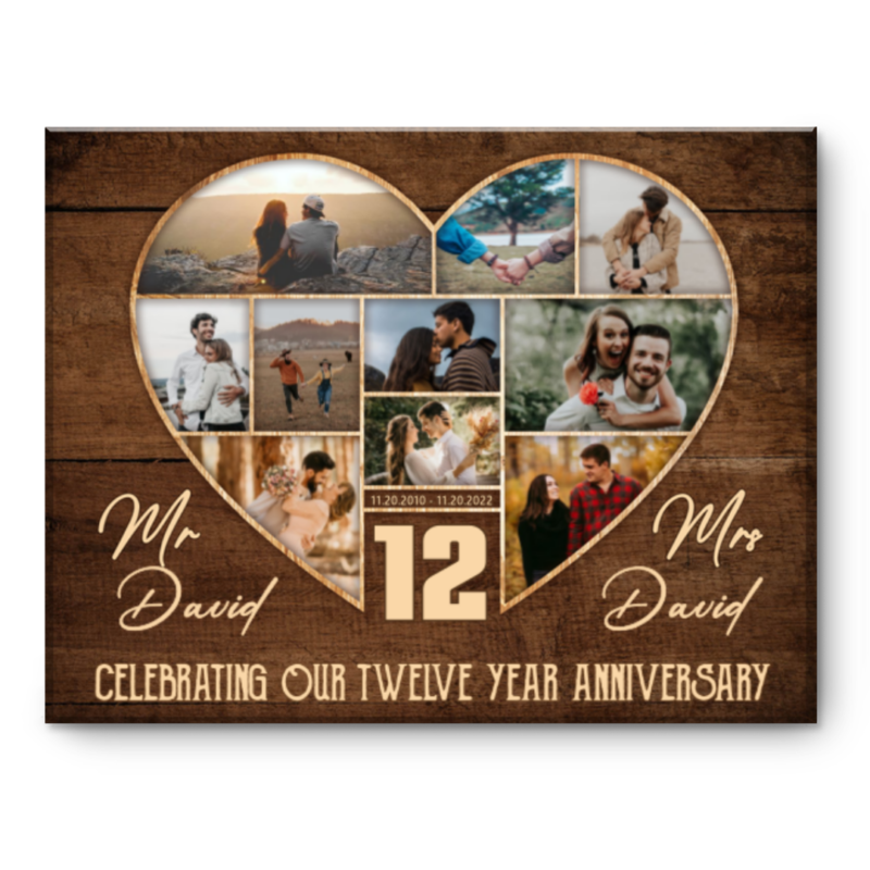 12th Wedding Anniversary Present, Gift For 12th Anniversary, Heart Shape Photo Collage