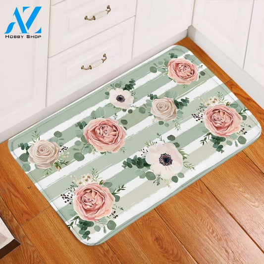 Painted Roses Light Green Stripes Printed Doormat Home Decor