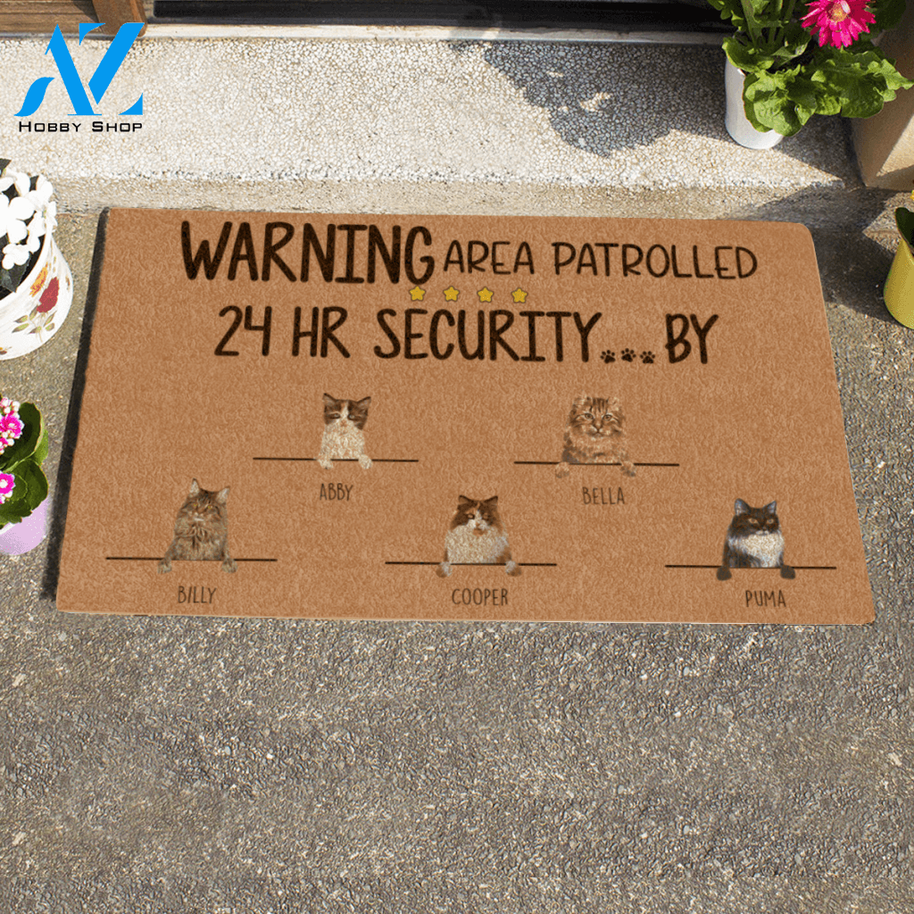 Painting Cat, Warning Area Patrolled 24HR Security By... Personalized Doormat HQ