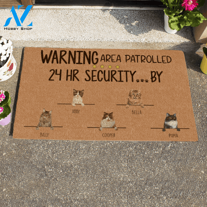 Painting Cat, Warning Area Patrolled 24HR Security By... Personalized Doormat HQ