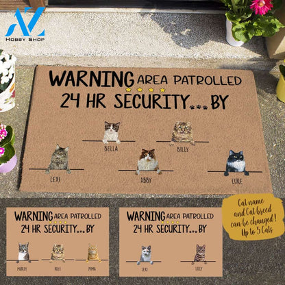Painting Cat, Warning Area Patrolled 24HR Security By... Personalized Doormat HQ