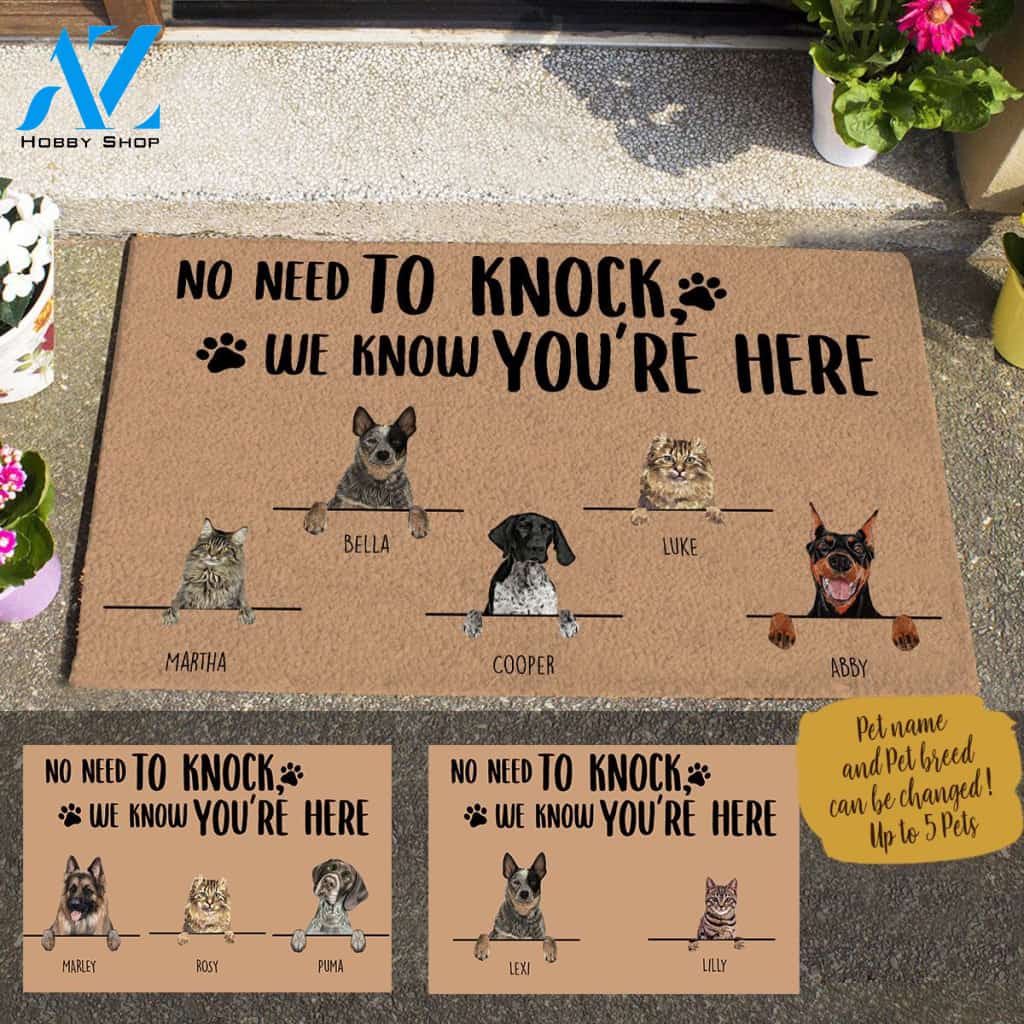 Painting Dog And Cat , No Need To Knock We Know You Are Here Personalized Doormat HQ