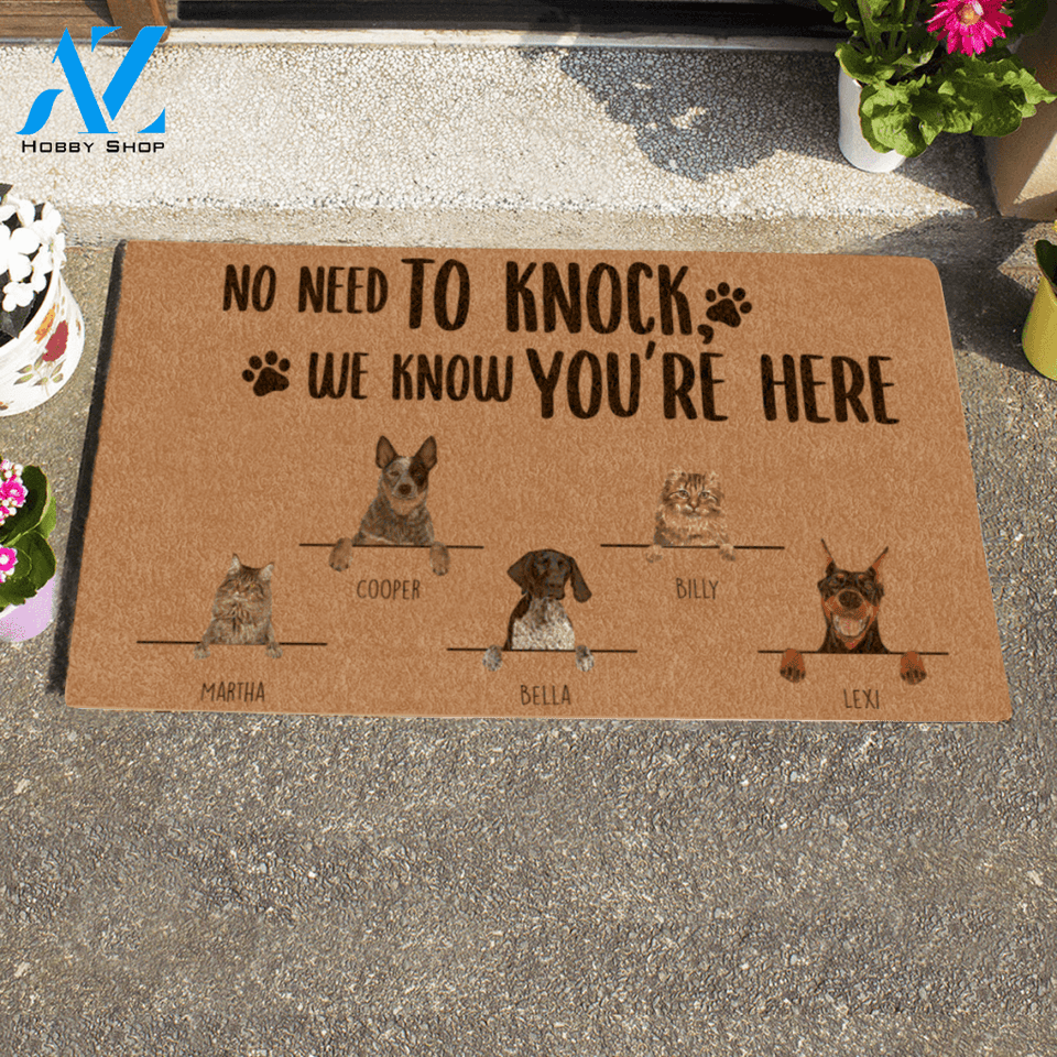 Painting Dog And Cat , No Need To Knock We Know You Are Here Personalized Doormat HQ